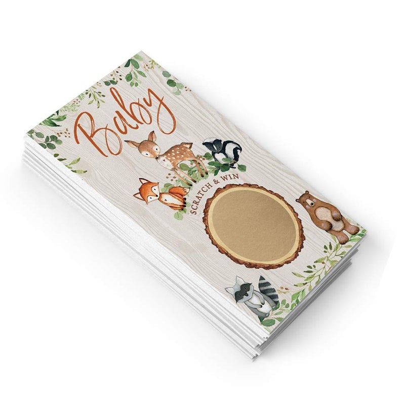Printed Party Baby Shower Game â€“ Woodland Scratch Off Cards for Boy or Girl, Forest Animal Theme, 30 Cards & Stickers - Image 3